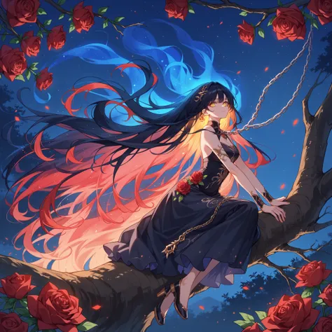 score_9, score_8_up, score_7_up, source_anime,
surreal, masterpiece, best quality, ultra-detailed, illustration, close-up, straight on, 1girl, very long black hair, yellow eyes, red roses, chains, Kpop idol, floating hair,glowing hair, 
 night scene,red hu...