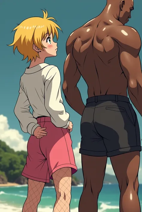  a boy with blond hair and a white shirt,  adult animation with cell shading,  full body details, in an anime, rotoscoped,  perfectly shaded body , accentuated hips, hand on hips, white sleeves, highly  detailed full body , using a loose,  detailed full bo...