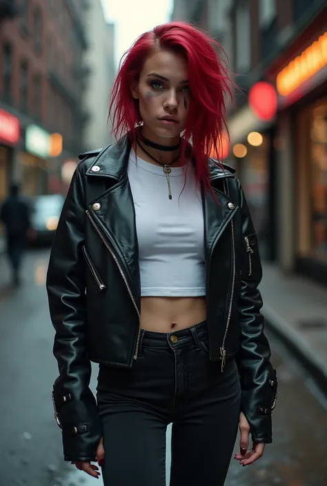  A beautiful girl with saturated red hair with black highlights,  all the hair combed to the right side hiding part of his face, her hair reaches to her shoulder, the left side of his head shaved ,  green eyes,  athletic build, pecho pequeño, distant full-...