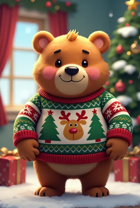 A furry, anthropomorphic brown bear character with a strong, muscular build but also an adorable and cuddly charm. The bear is wearing a cozy Christmas sweater with festive patterns like snowflakes, trees, and reindeer, giving a cheerful and warm vibe. The...