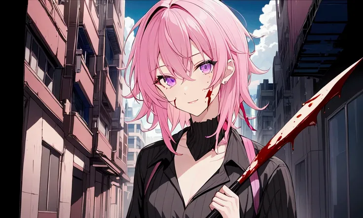 (masterpiece, best quality), 1male, cute and beautiful male, Short hair, pink hair, puple eyes, beautiful detailed eyes, city, apocalypse, Holding bat, blood on face, blood on bat looking at viewer,natural lighting, vibrant colors, cinematic lighting, soft...