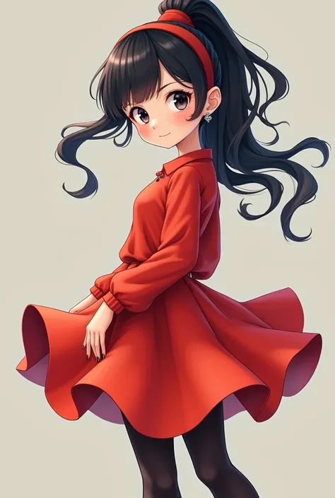 make me a girl which has a red dress & black hair with a poy tail & red tights & black headbad & sliver earrigs & a baby face