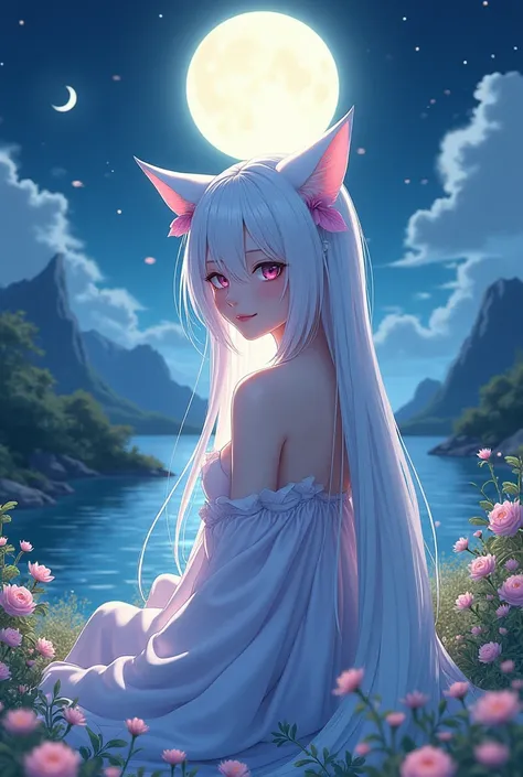 background:  A panoramic place with a Japanese fantasy moonlight (Anime drawing )
 character: Beautiful, cute, cat-like woman with long white hair shining under the moonlight, looking at the camera and smiling