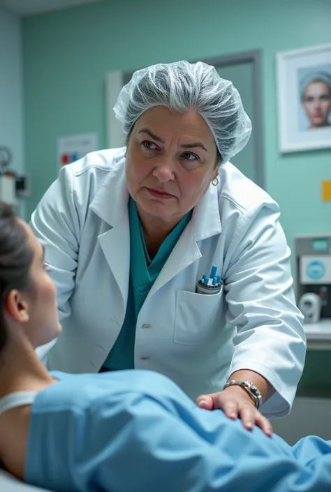 Fat Lady doctor with surgery uniform with shower cap examine at hospital 