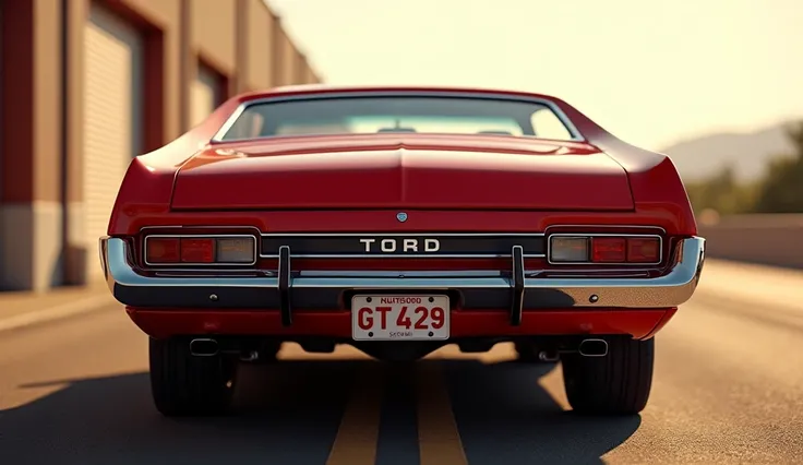 "Create an image of a Ford Torino GT 429 in a vibrant red color, focusing exclusively on the rear view. Ensure that only the back of the car is visible, with no part of the front or sides showing. Highlight its classic muscle car design with bold rectangul...