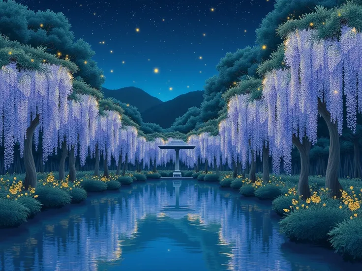  illustration of fireflies flying over wisteria flowers。 Ukiyo-e style illustration。 A beautiful river spreads out 、Wisteria flowers in the foreground 。Firefly Light。 there is a stone lantern and a small torii gate at the back of the river 。