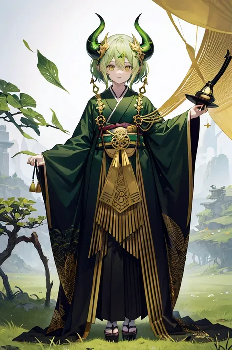 Plant Horns , full body,Frontal standing,black and white green coat ,kimono,male,(Age 30),One person,Gold decoration, medium hair ,Green Hair,Droopy eyes ,adult, dread ,Mysterious,Tree Spirit,,simple back ground,Golden Eyes,cross arms in front,standing,fro...