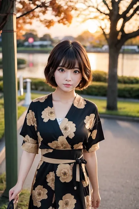  short bob with a loose and fluffy hairstyle 、 Japanese woman with a viewing angle of、、 gaze at the camera as if staring at someone you love 、An evening park with a beautiful sunset 、 blur the background、Wearing a black floral dress、 wearing a thick beige ...