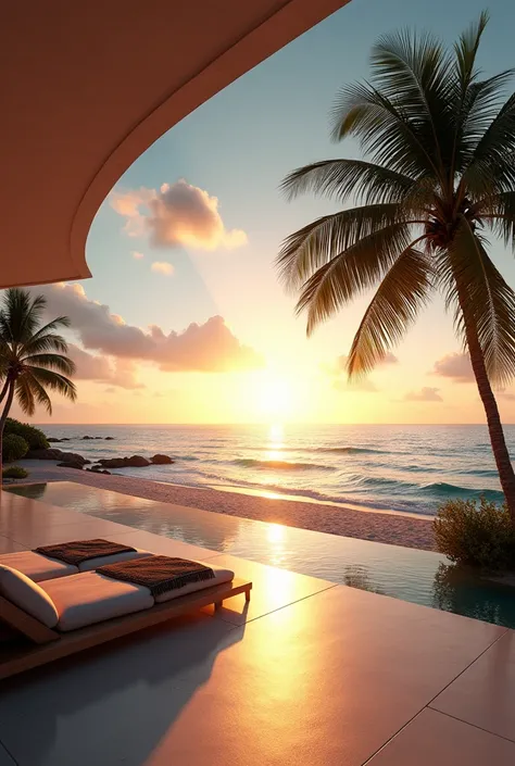  it looks like an Apple office、Desk work in a large, luxurious modern beach house with graceful curves between tropical palm trees, Blending into the blue sea 、sunset、See these from the outside 