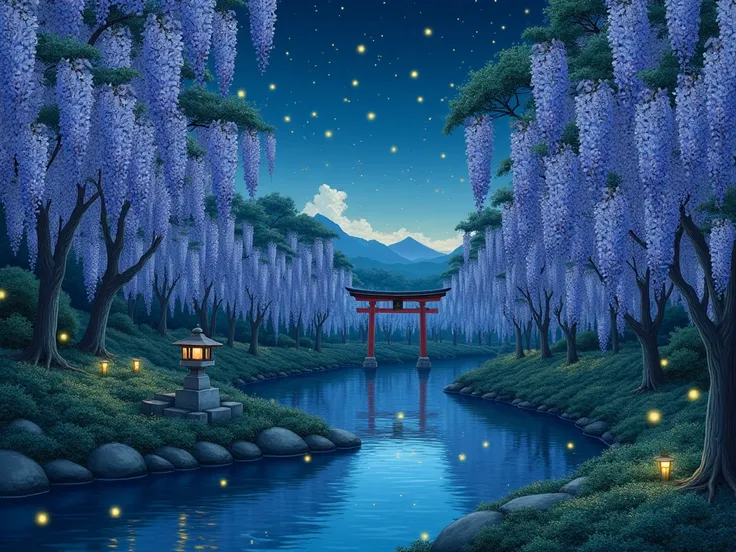  illustration of fireflies flying over wisteria flowers。 Ukiyo-e style illustration。 A beautiful river spreads out 、Wisteria flowers around the river。Firefly Light。 there is a stone lantern and a small torii gate at the back of the river 。