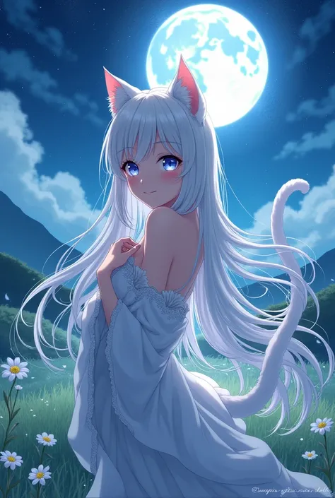 background:  A panoramic place with a Japanese fantasy moonlight (Anime drawing )
 character: Beautiful, cute, cat-like woman with long white hair shining under the moonlight, looking at the camera and smiling (Clearly shaped)