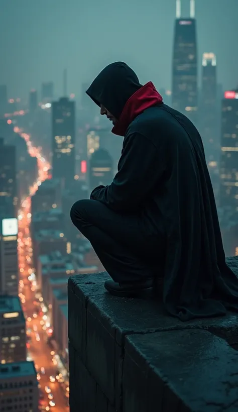  on the left crouched on a high-rise looking at the city all night in a black robe，Red-collared man 