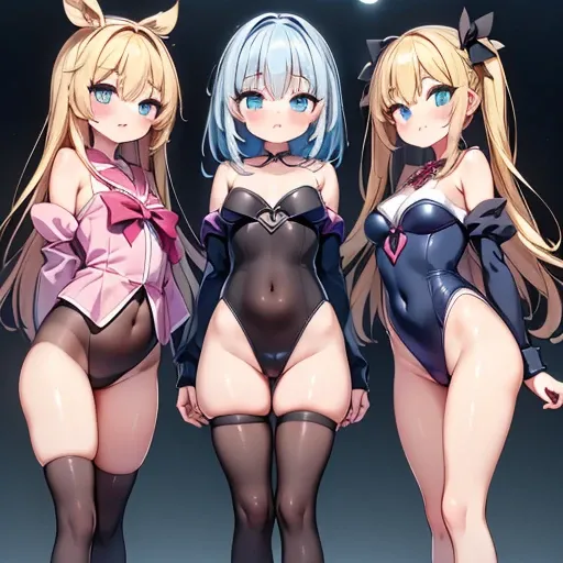 ( cute eyes from the right:1.2), (輝く瞳:1.2),  best quality, Stunning ,finely, Extremely Detailed CG Unity 8K Wallpaper, (Standing in line:1.2), ( 3 girls ,  cute eyes from the right,   leotards, Dressed), ( medium chest ), ( open her mouth :1.1), ( long ton...