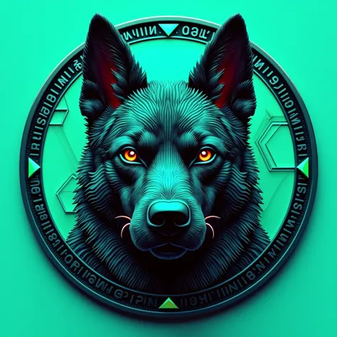 CYBER DOG FACE ON A COIN,MEME COIN , SHARP , CORCLE COIN , BOLD , BRIGHT CYAN-GREEN THEME