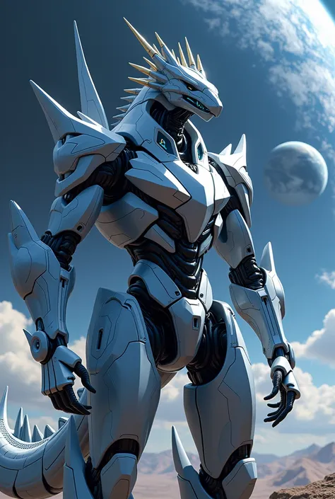 4K quality of official 2020s anime art style.
A majestic and futuristic dragon-shaped robot arrives on Earth, sent from beyond the stars to protect the galaxy. The robot has a cybernetic dragon design, with sharp, angular lines and advanced technological a...