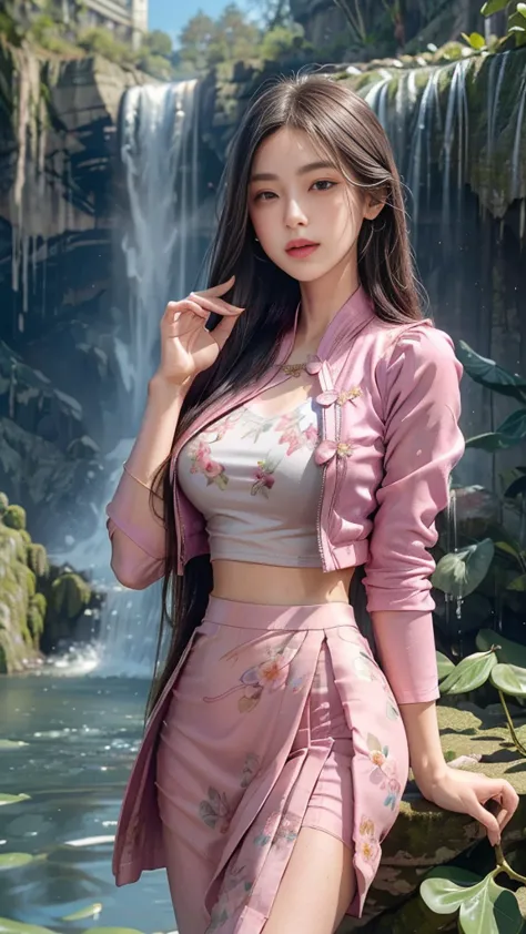 8k, masterpiece, 1 girl, beautiful face, ((very long hair)), glossy makeup, closed mouth, (glossy skin:1.5), detailed eyes, detailed lips, push up breasts, pink short jacket, ultra light vest, ((thin floral Myanmar long skirt)), ((floral skirt)), ((bare th...