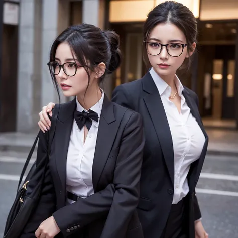   a career woman wearing glasses with dark hair up looking down at a man、  beautiful woman with glasses  、Big Breasts、  Wearing a Suit、 、androphobia  、  feminist  、  sexy lips、  lentigo under the lips  、Arrogant、  Japanese anime 