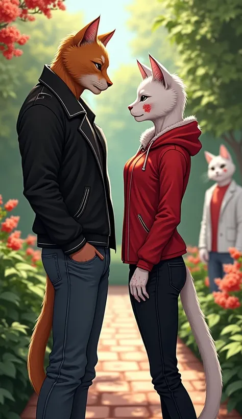 A female sexy white cat wearing red jacket and black jeans and a yellow bodybuilder stylish male cat wearing black jacket and black jeans standing in romantic garden and talking to each other background a sexy white female cat with a lot of red pimples on ...