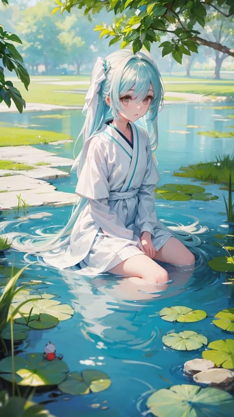   near the pond, (White clothes), Fresh color scheme, There are stuffed toys, Gouvez style artwork , Popular on cgstation, Li Song&#39;s illustrations, Soft Anime, Lying on a water lily mat, Sitting on a lotus flower,  Cute and meticulous digital art,  cut...