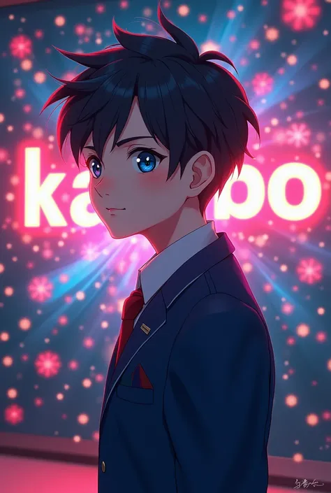 A anime school boy  write KABBO 
in background showing Full KAABBO text glow