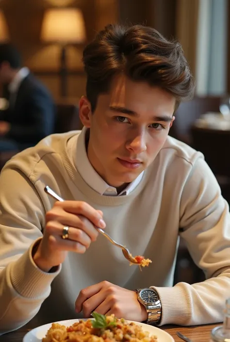 A rich teenage man wearing a white shirt under a round neck beige sweatshirt and a dark blue jeans a stainless steel gold and silver watch in his hand and a ring in his finger clean shaved eating food with a fork in a restaurant 