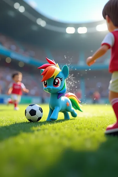 Little and very small rainbow dash is playing football match 