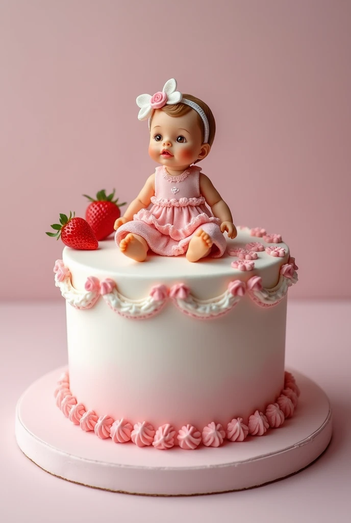 I want a beautiful cake design for my daughter...I want a cake with pink and white color and include a baby dall top of the cake...and iwant one floor cake and it should be strowberry..please generate a beautiful design for me...I want this one now.