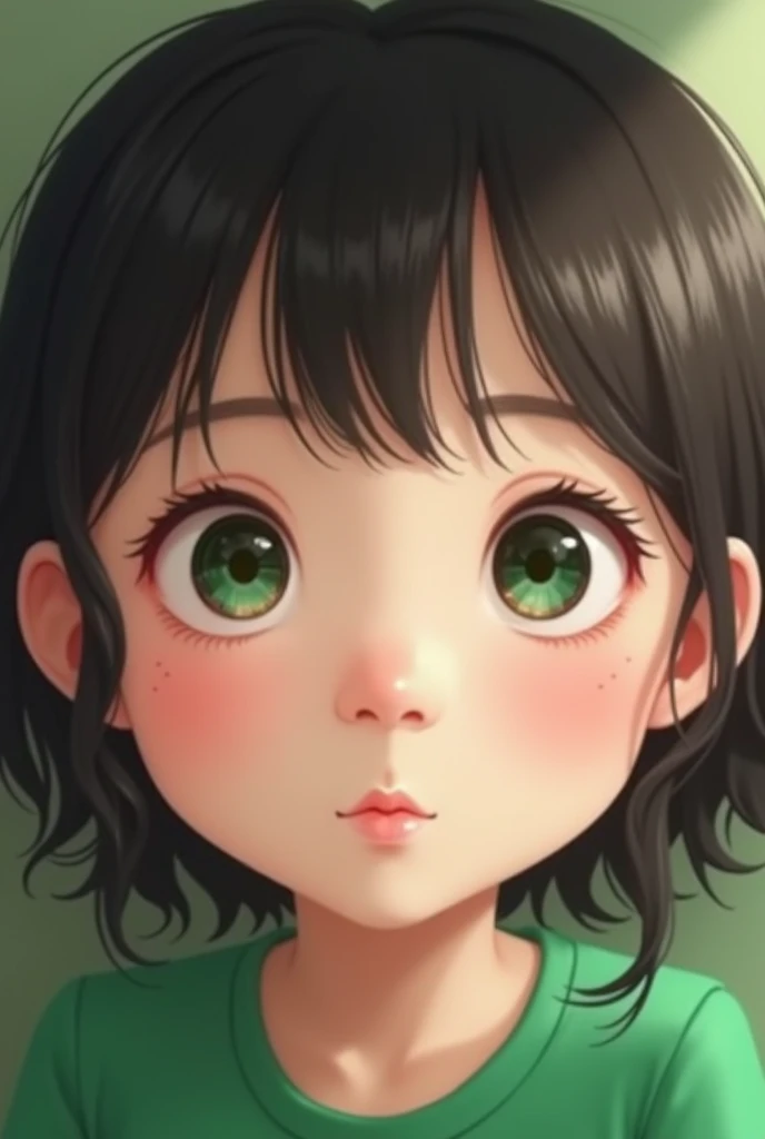 a close up of a young girl with a green shirt, wan adorable korean face, young adorable korean face, jaeyeon nam, cute round green slanted eyes, korean girl, inspired by Tang Sin Yun Sandara, huge downslanted eyes, taejune kim, korean symmetrical face, cut...