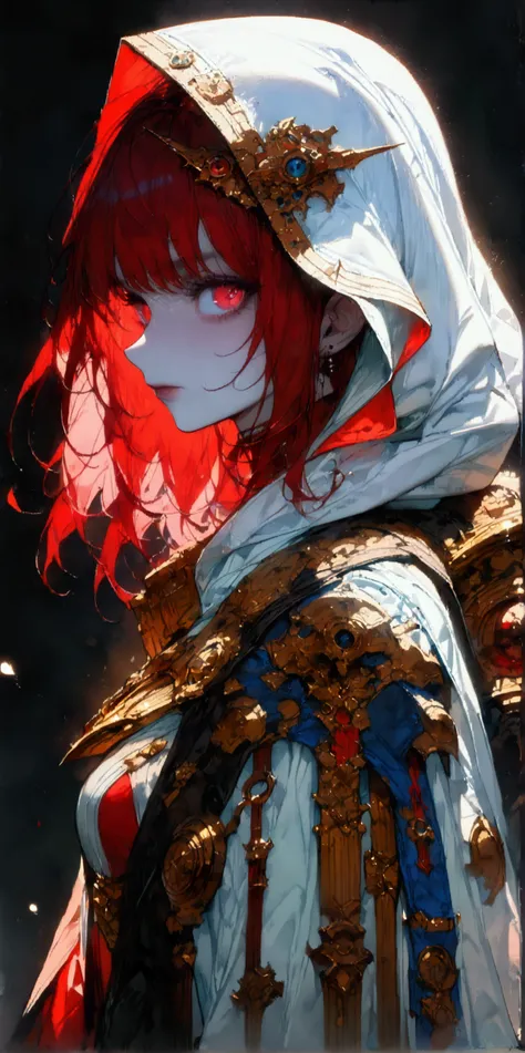 (masterpiece), ((incredibly detailed)), (award winning artwork), detailed beautiful eyes, (warhammer 40k world setting), 1girl, psyker girl, shoulder-lenght red hair, pale skin, psyker robe with hood that hides face, simple background, cowboy shot, (((full...