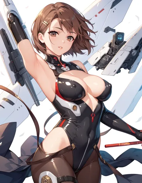 (( best quality)), ((masterpiece)), ( Details),anime, girl, sexy, Erotic ,Tighten your right arms armpit , shiny latex suit that sticks out your left arm,Futuristic Suit,Armor,All-black costume,Brown Hair, short hair ,Clothing,wind effect,