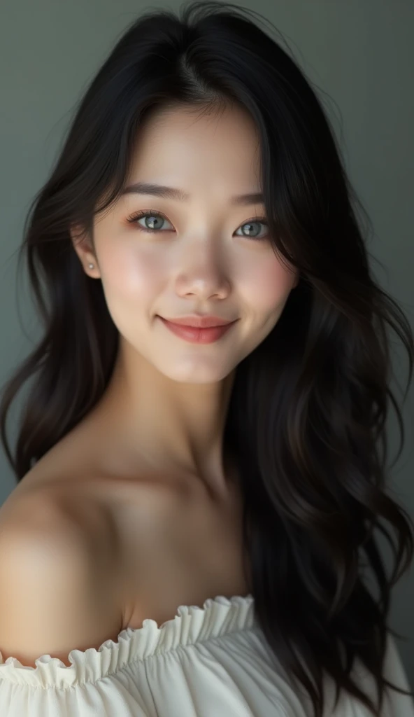 >  A portrait of a 25-year-old woman with flawless white skin and light gray eyes that shine brightly. Her smile is perfect ,  conveying warmth and trust .  Her long black hair frames her face in an elegant way ,  falling softly around your shoulders . The...