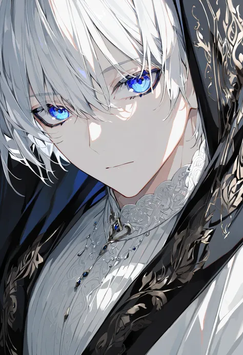 Alone, elegant , 1 male, , shorthair, Black and white hair, Half々, blue eyes, Details, white shirt, White Thailand, black hood