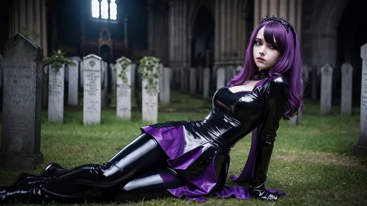  a gloomy sexy female character, Satans bride Franzi ,  gloomy ambiance church cemetery, Dark Wave, Latex clothes black , purple dress