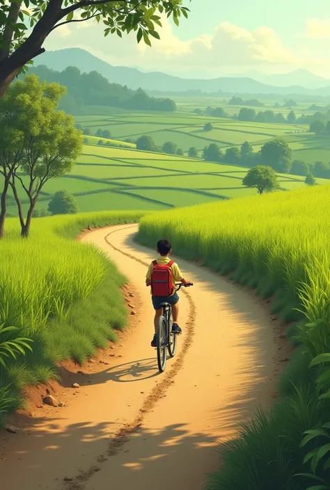 A rural Indian road with a boy on a bicycle, carrying a school bag, cycling through a scenic path with green fields on both sides.