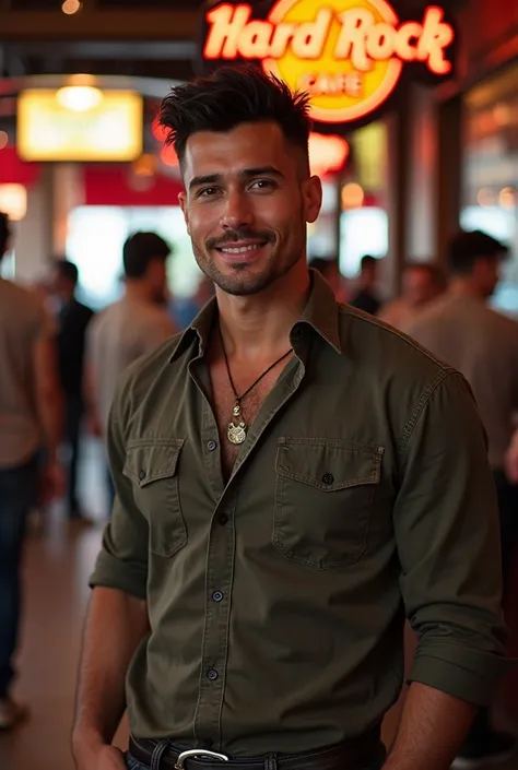 A maskulin man wearing collar shirt and old jeans. Burst Fade hair. Tan skin. Big eyes and sexy lips. Walking In a landmark of Hard Rock cafe, People behind. Black hair. Nice body . Look at camera. Smile. Standing In front of camera. Real person. Realistic