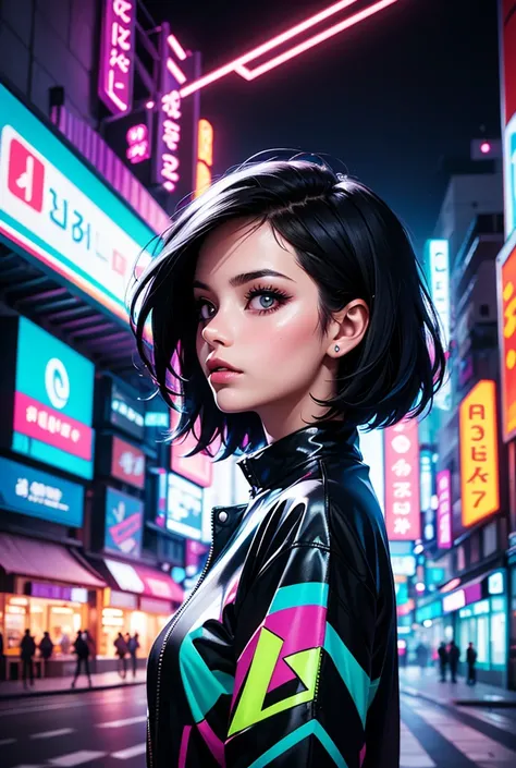 A side profile of a young woman with short black hair, adorned with colorful digital accessories. She wears a vibrant, oversized shirt featuring bold geometric patterns in bright colors. The background is illuminated with neon lights and blurred cityscapes...