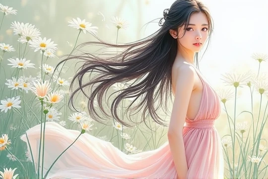 A gorgeous girl with black hair and brown eyes in thev serz green plain with lite short pink dress 