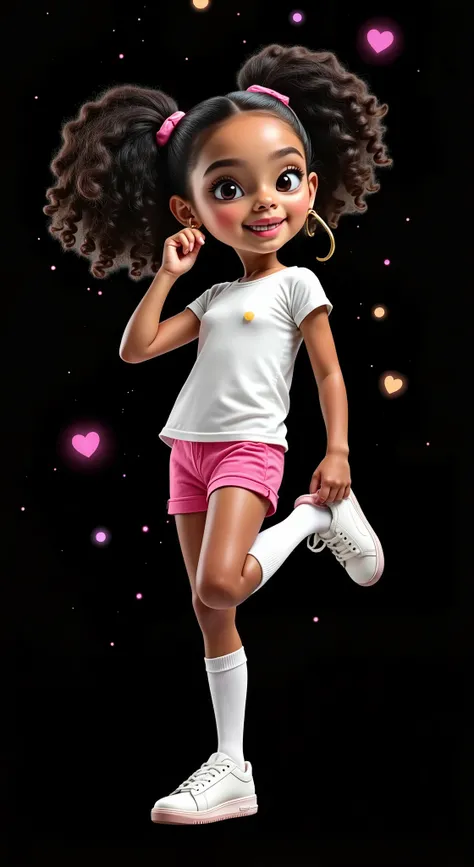 Inspired by the characters, posters and 3D movies from Disney Pixar create the image of a , age>6, 6 anos de idade, girl wearing a white t-shirt, very short pink shorts, white socks up to her knees, white sneakers. She has curly black hair tied in two pony...