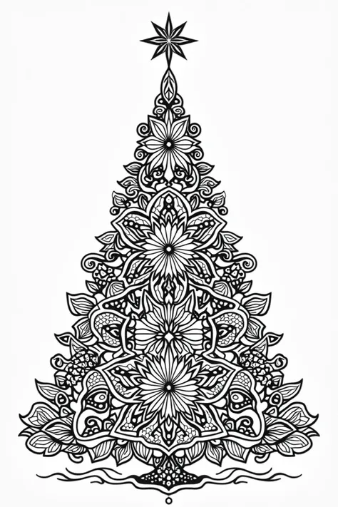  An impressive black and white coloring page ,  in line art style ,  designed for adults with white background ,  featuring a star
Christmas tree  , Grand Majestic ,   in a style inspired by mandala .  The tree is adorned with intricate patterns that inclu...