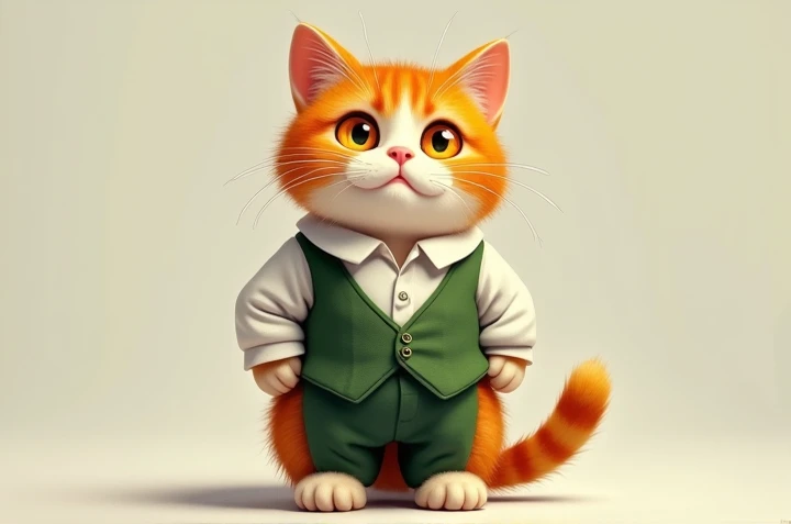 Draw an orange tabby cat, with yellow eyes and orange pupils, wearing a white shirt with a green vest with green pants