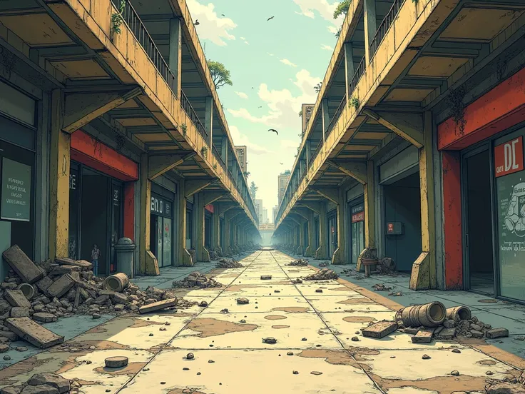 shopping mall, post-apocalyptic, uninhabited, comic drawing style, HD, very detailed, in the background a place