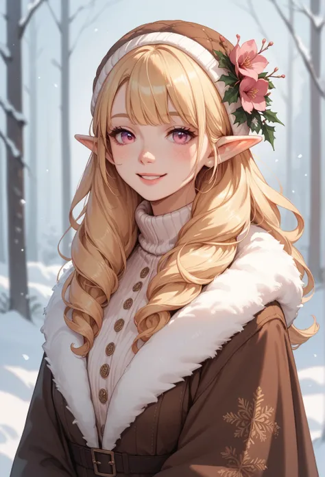 Anime flat lllustration anime half-elf lady with pale skin, She has long bright blonde hair with pink tips, has bangs, She has pink eyes. She has freckles, black sexy winterMedieval winter outfit, cute smile