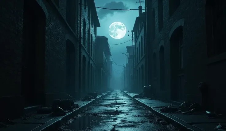 An eerie alleyway bathed in moonlight, leading to the first murder location