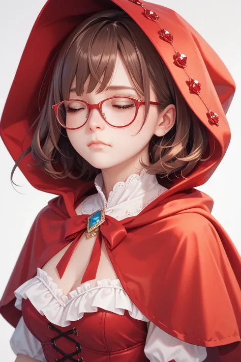  best quality, masterpiece, Character portrait,whole body, textured skin,  1 girl ,  bob hair, Brown Hair,  smiles, Light blush,  sleepy, Frightened face,  fairytale clothes,Red Riding Hood style , glasses ,  pretty girl