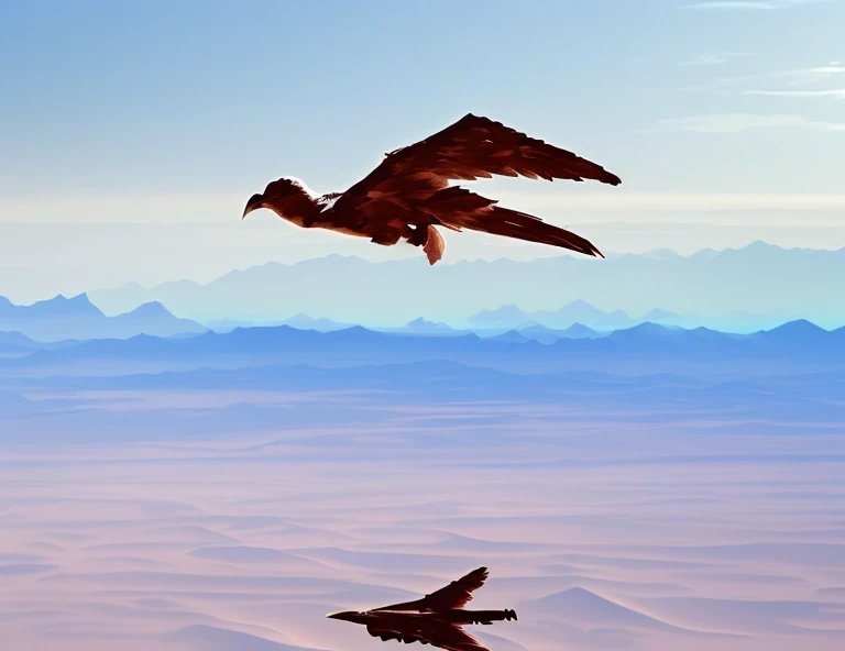 (A shadow of bird on desert:1.2) massive, towering bird with wings spread wide, soaring through the vast sky. Its enormous wings cast a long, dramatic shadow across the earth below. The bird’s feathers shimmer as it glides effortlessly through the clouds, ...