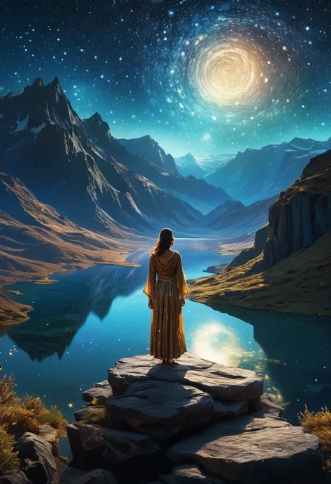 a beautiful young arabian woman standing on top of a mountain overlooking a serene lake and starry night sky, highly detailed 4k digital art, stunning fantasy landscape, unreal engine 4k wallpaper, 8k masterpiece, dreamlike and fantastical scene, intricate...