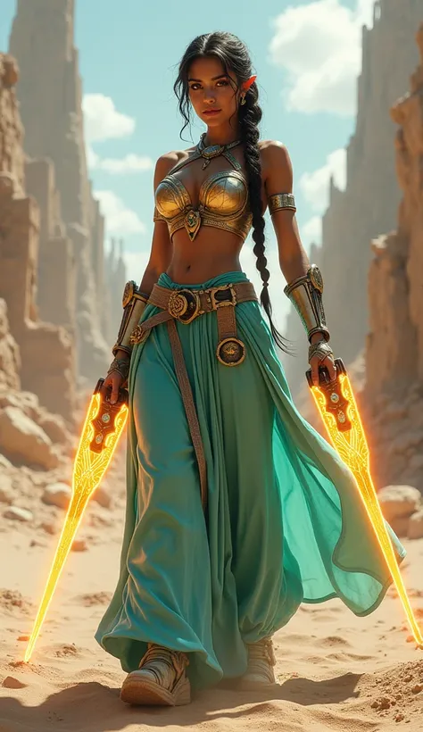 A detailed image of Princess Jasmine from Aladdin reimagined as a survivor in a dystopian wasteland. Her sci-fi-inspired outfit blends the elegance of her original turquoise attire with practical, high-tech gear. She wears a sleek, armored bodysuit with fl...