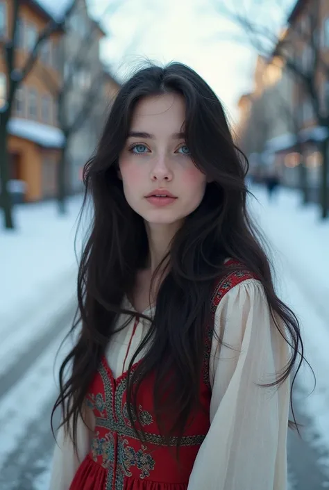 natural portrait photography, an analog film photo of a cute black long hair  white skin, blue eyes, young innocent nordic woman wearing a comfy traditional dress in a snowy norway city road, dof, bokeh, detailed, 8k, soft focus, 35mm