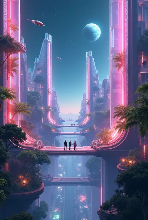 " Imagine a future city floating in space, where transparent buildings extend amazingly between stars and distant planets, creating a charming scene that combines reality and imagination.  This city is not just a collection of buildings. It is a vibrant co...