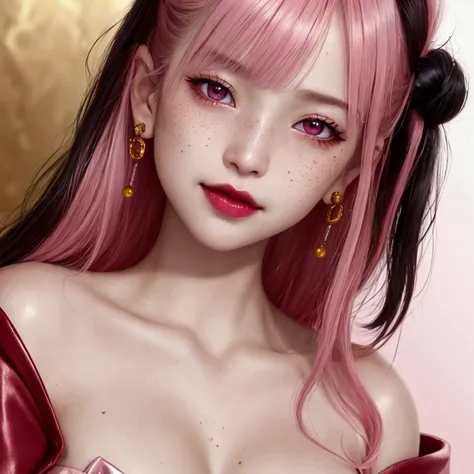 1 girl, Japanese, 4k, realistic, soft skin, texturized skin, long whavy pink hair with bangs, shiny pink eyes, red eyeliners, shining red lips, natural makeup, freckles, round gold earings, off shoulder black leather jacket, tattoo, smiling seductively, bi...